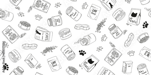 Vector seamless illustration of cat food and vitamins in different packages in doodle style. Dry and wet animal feed.