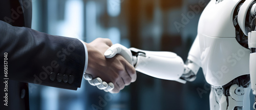 Handshake between futuristic cyborg robot and human hands. Future and communication concept. Robot and Man Shaking Hands close up. Generative AI © zeenika