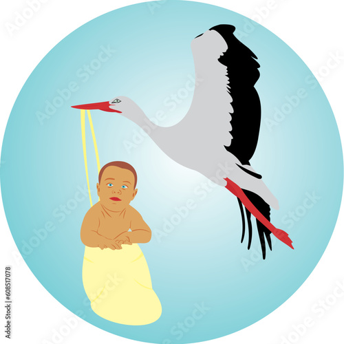 Stork with the child. A birth of the child. The child in diapers