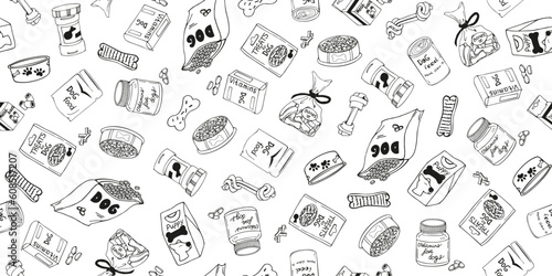 Vector seamless illustration of dog food and vitamins in different packages in doodle style. Dry and wet animal feed.