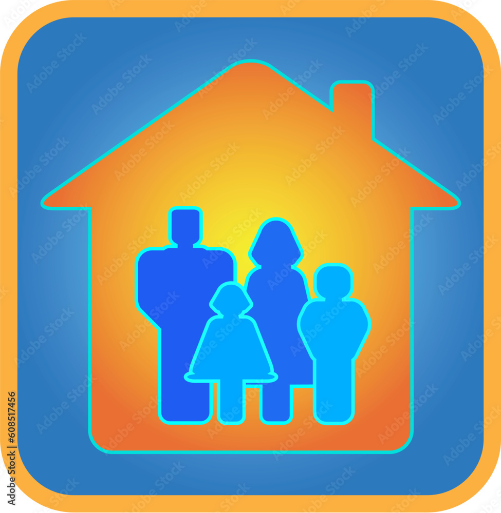 Family in the house. Parents and children. Father, mother, son, daughter. Blue background.