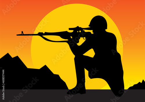The well-aimed sniper. War and the conflict. The soldier with a rifle