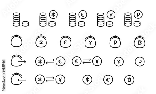 通貨、資産を表すイラストのセット/貨幣/ドル/ユーロ/円/ビットコイン/ポイント/財布/換算/ベクター/アイコン/マーク/要素/モノクロ