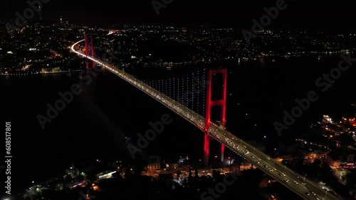 Aerial view of on Istanbul Bosphorus Bridge (15 July Martyrs Bridge). 4K Footage in Turkey