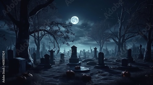 A spooky cemetery illuminated by the full moon at night. Generative ai photo