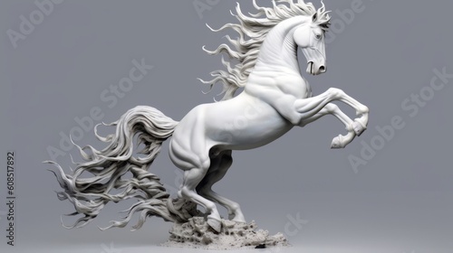 A white horse statue in motion on a neutral background. Generative ai © LabirintStudio