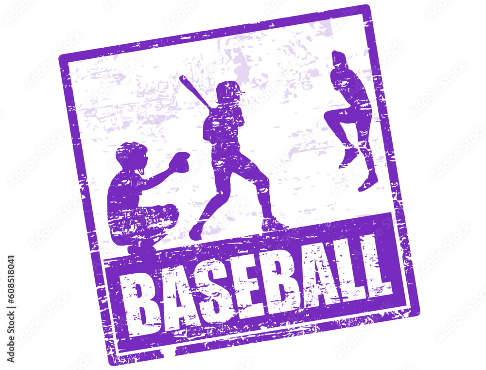 Obraz premium Baseball grunge stamp with players silhouette, vector illustration