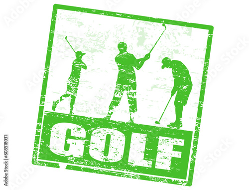 Golf grunge stamp with players silhouette, vector illustration
