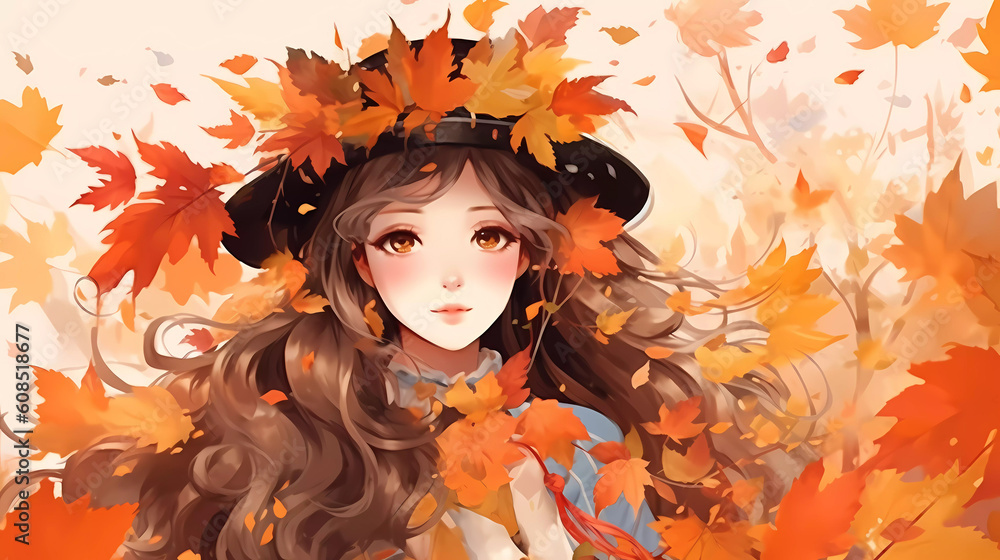 hand drawn beautiful cartoon illustration of girl in autumn
