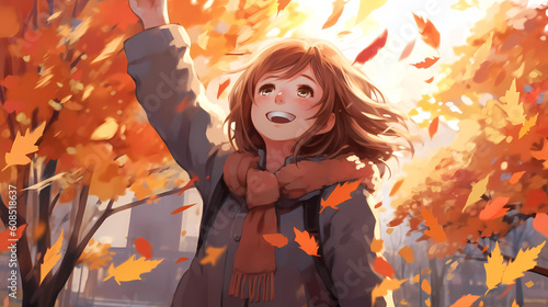 hand drawn beautiful cartoon illustration of girl in autumn 