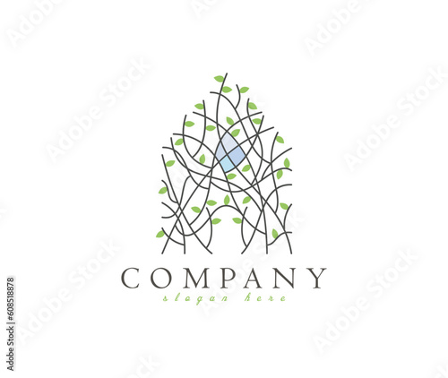 Stained glass window logo House Leaves design illustration