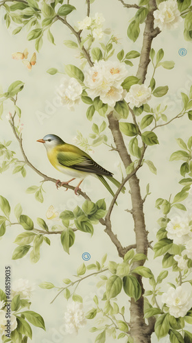 Chinoiserie wallpaper of a bird on a tree based on generative AI © R1_design_team