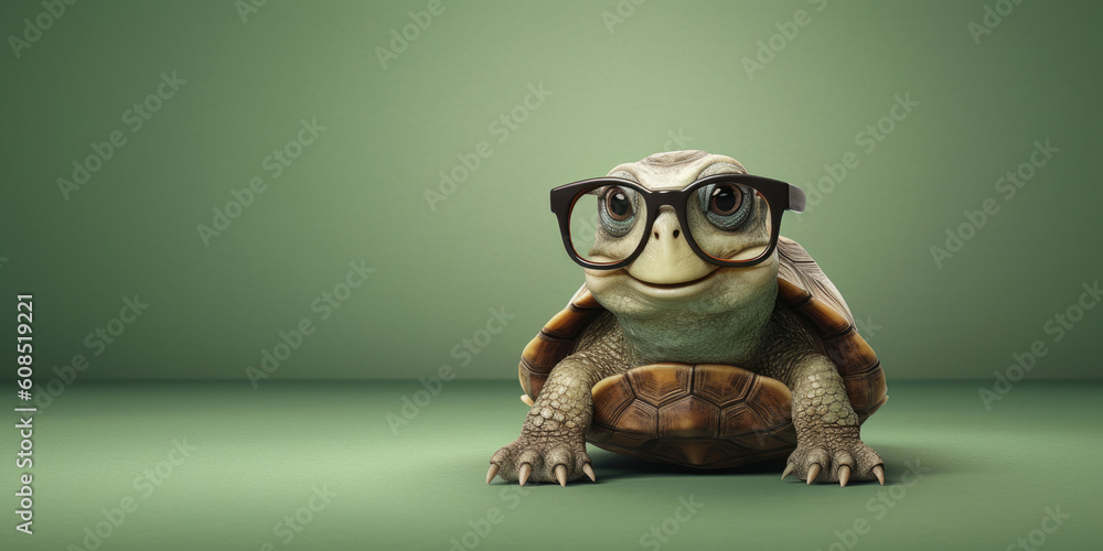 Portrait of a cute turtle with glasses on green background, Generative AI Portrait of a cute turtle with glasses on green background, Generative AI
