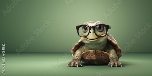 Portrait of a cute turtle with glasses on green background, Generative AI