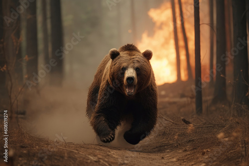 Scared bear running from burning forest, Generative AI