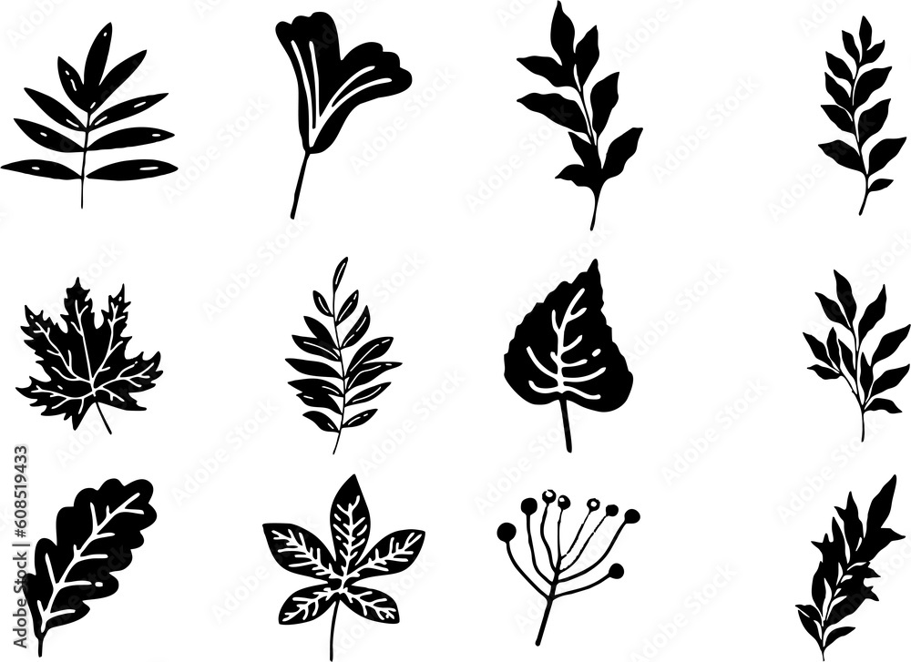 collection of silhouette leaves, herbs, flowers, branches, tropical leaf, palm. Floral design element collection on white background.