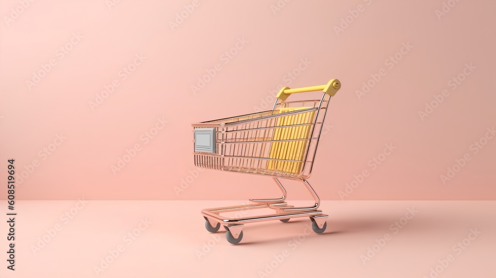 Shopping concept with a vibrant, colorful shopping cart taking center stage. This image encapsulates the excitement and variety inherent in modern consumer experiences. Generative AI