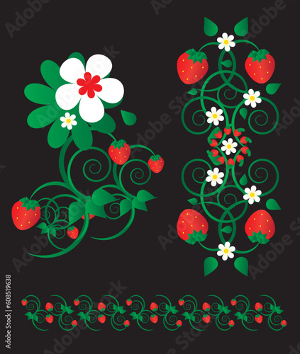 strawberry with flowers ornament on black background