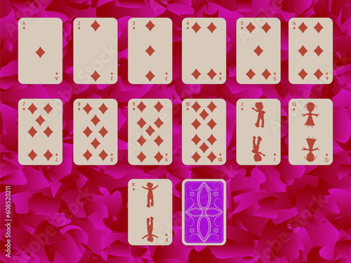 suit of diamonds playing cards on purple background, abstract art illustration