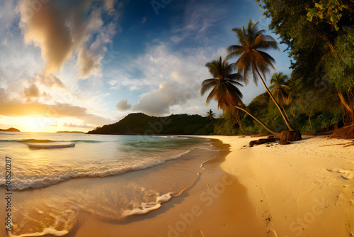 Tropical beach panorama at sunset