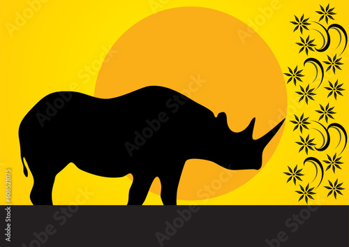Wild rhinoceros. A beautiful sunset. The wild nature. A beautiful pattern