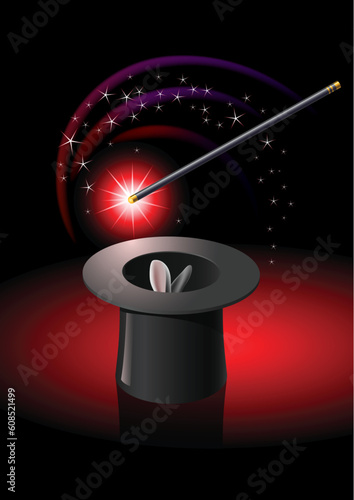 Magic wand performing tricks on a top hat with stars