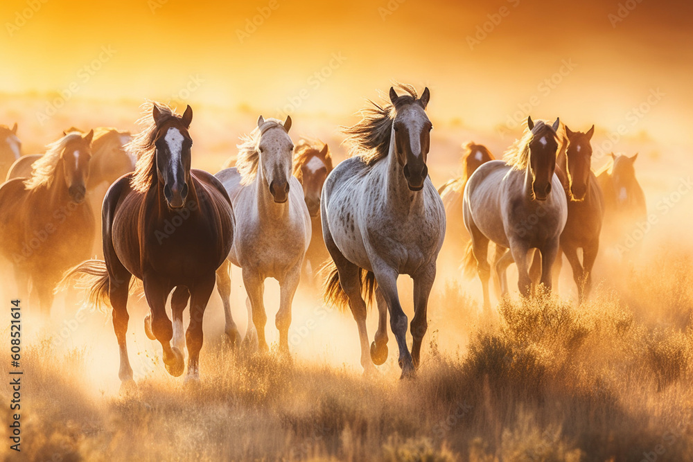 A majestic herd of wild horses galloping freely through a landscape A majestic herd of wild horses galloping freely through a landscape