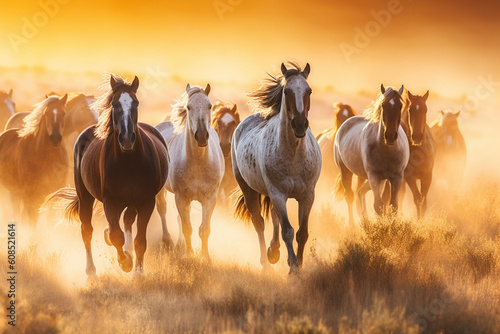 A majestic herd of wild horses galloping freely through a landscape