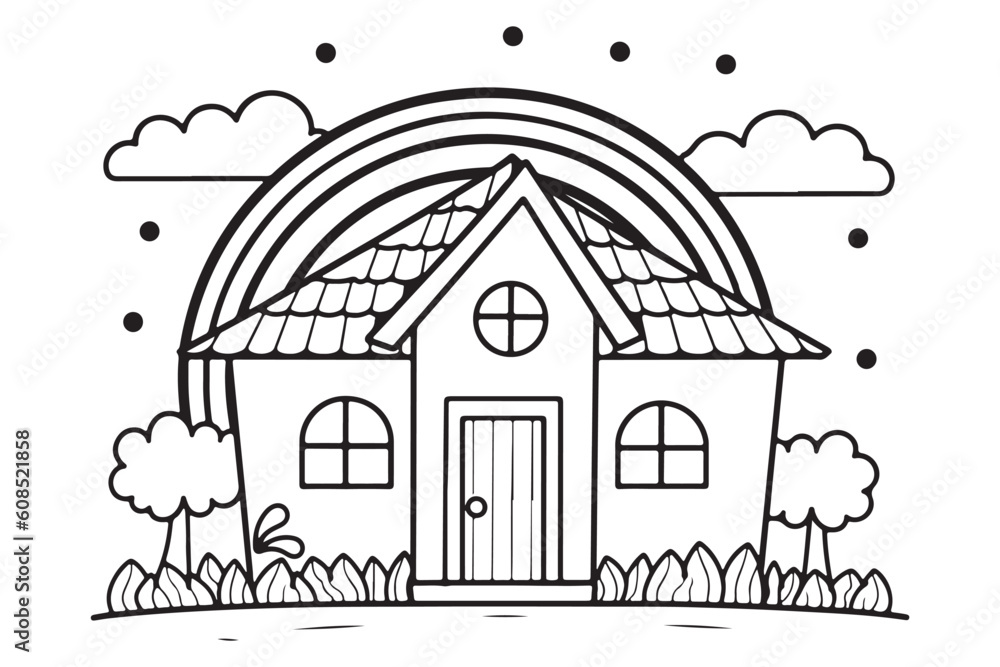 Kids Coloring Pages Vector Art, Cute Home on Rainbow Black and white vector illustration for coloring book