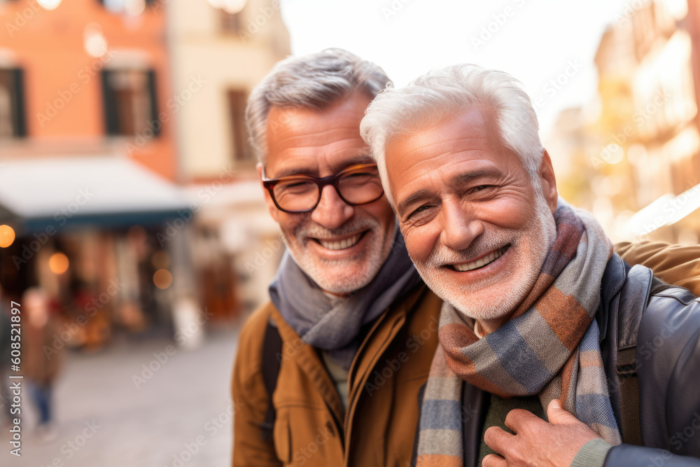 Smiling senior european gay couple hugging. Generative AI. Smiling senior european gay couple hugging. Generative AI.