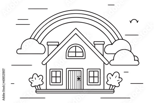 Kids Coloring Pages Vector Art, Cute Home on Rainbow Black and white vector illustration for coloring book