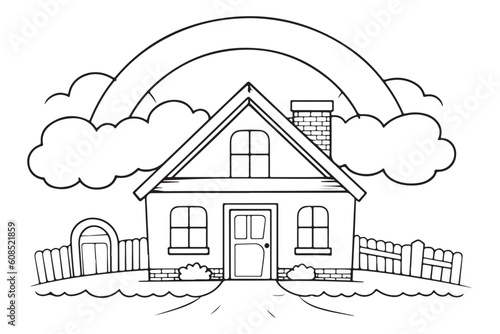 Kids Coloring Pages Vector Art, Cute Home on Rainbow Black and white vector illustration for coloring book