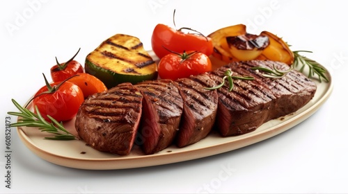 Close-up of a perfect looking delicious plate of perfectly cooked medium-rare steak, served with roasted vegetables and a rich, flavorful sauce. Generative ai