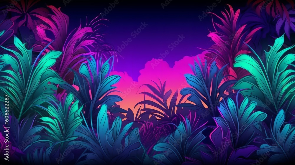 A vibrant tropical forest at sunset with warm colors and lush vegetation. Generative ai