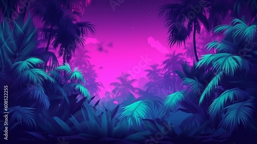 A vibrant tropical forest at sunset with warm colors and lush vegetation. Generative ai
