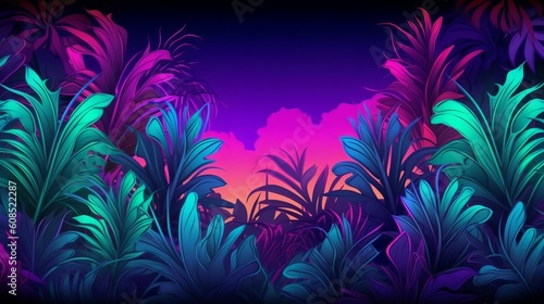 A vibrant tropical forest at sunset with warm colors and lush vegetation. Generative ai © LabirintStudio