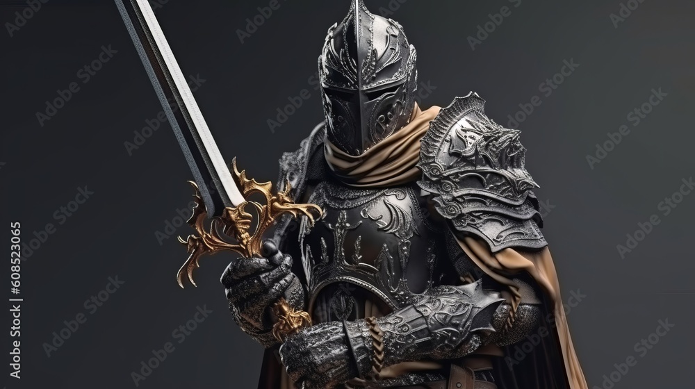 Fototapeta premium A medieval knight statue with sword. Generative ai