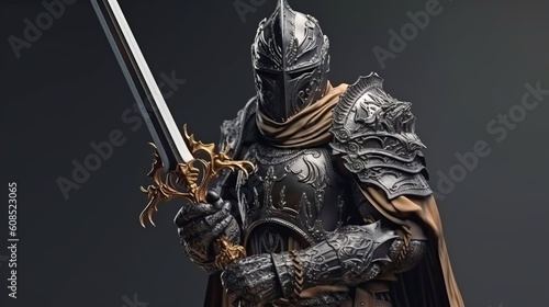 A medieval knight statue with sword. Generative ai photo