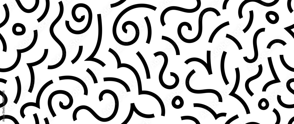 Black and white doodle squiggly lines seamless pattern. Abstract childish scribble repeating background. Basic shapes and curved wavy stripes wallpaper. Vector backdrop 