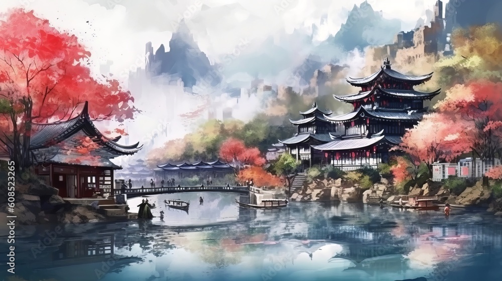 Japanese landscape in watercolor with a fairy garden, ink landscape painting created digitally Generative AI