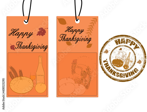 Happy thanksgiving greeting card labels and grunge stamp, vector illustration