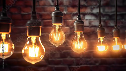 Decorative Antique Edison Style Light Bulbs Against Brick Wall Background for Vintage Lamp Enthusiasts. created with Generative AI