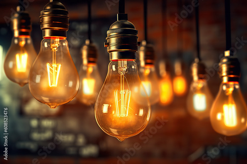 Decorative Antique Edison Style Light Bulbs Against Brick Wall Background for Vintage Lamp Enthusiasts. created with Generative AI