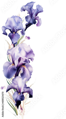 graceful iris blooms as a frame border, isolated with negative space for layouts