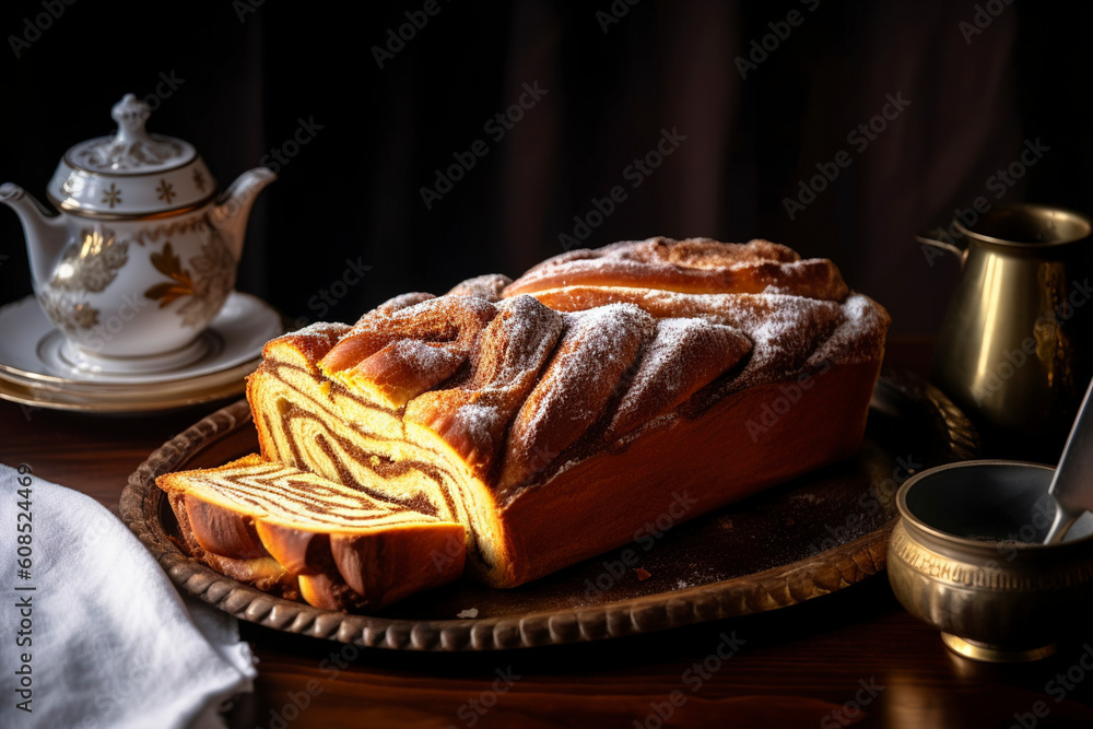 A traditional sweet Polish babka yeast cake with a spiral design, dusted with powdered sugar, and served on a vintage platter. (Generative AI)
