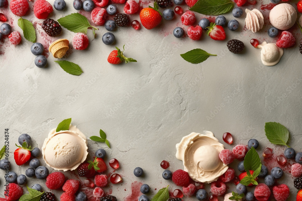 Frozen Delights: Vibrant Background with Ice Creams and Berry Decor Frozen Delights: Vibrant Background with Ice Creams and Berry Decor