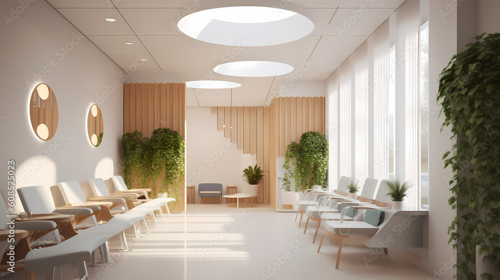 Waiting room of a bright white gynaecology clinic based on generative ...