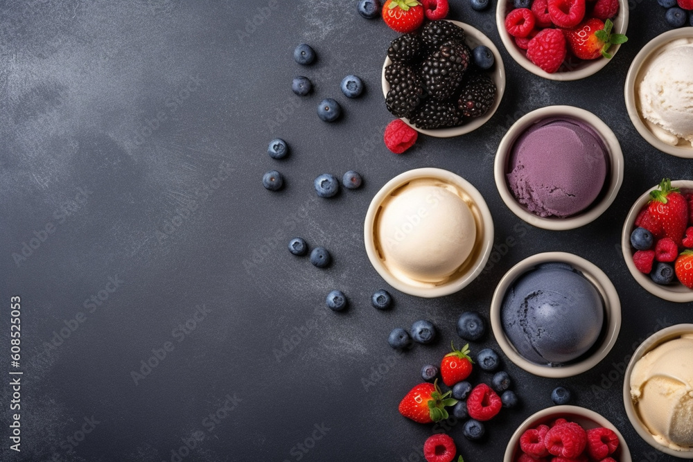 Frozen Delights: Vibrant Background with Ice Creams and Berry Decor Frozen Delights: Vibrant Background with Ice Creams and Berry Decor