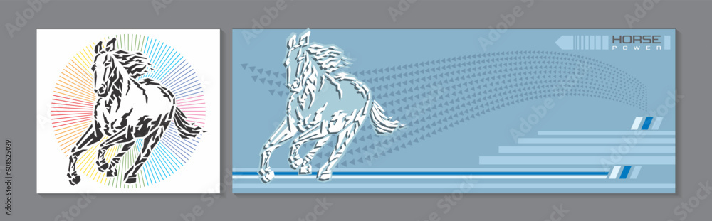 Fototapeta premium A poster of a stallion galloping with a blue background.
