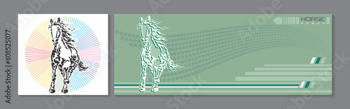 A poster of a stallion galloping with a green background.